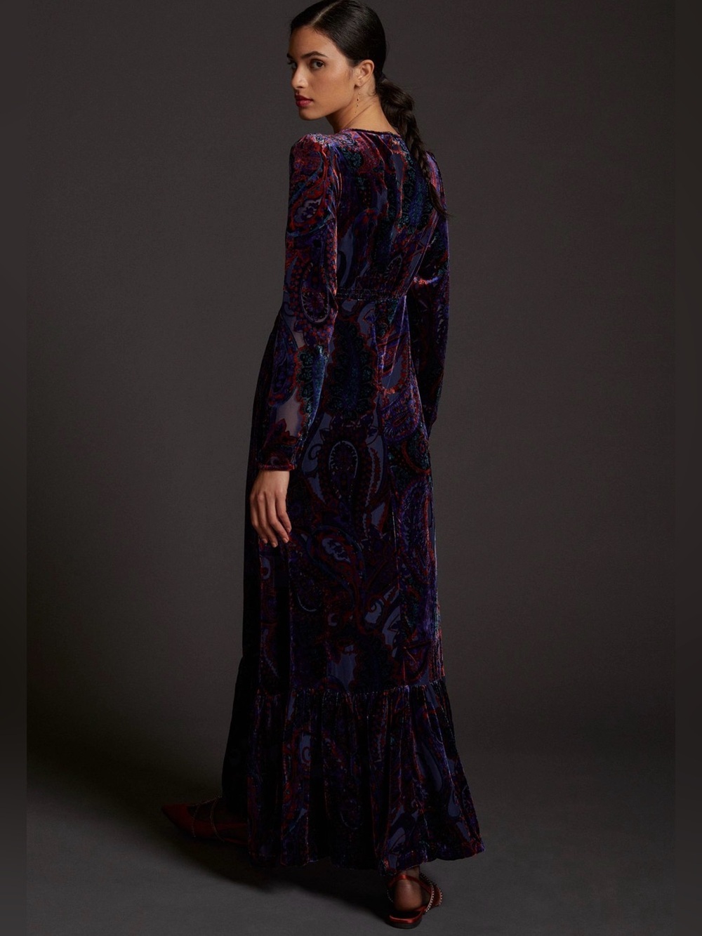 Anthropologie Burnout Velvet Paisley Maxi Dress Blue Purple Size 10 - Picture 7 of 16